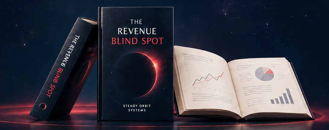 The Revenue Blind Spot report from Steady Orbit Systems, shown as a book beside an open report with charts